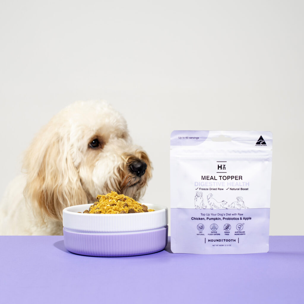 Houndztooth Australia best dog meal topper natural grain-free tasty diet booster pet healthy food boost nutrition fussy picky eater nutrients puppy optimal health benefits wellbeing calming anxiety digestion skin coat joints mobility Coles PetStock
